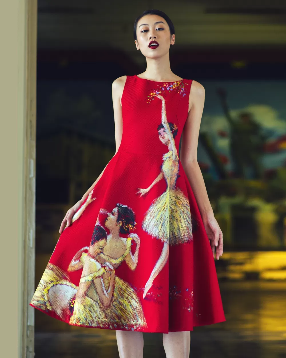 Woman Tiny Ink Dresses | Ballet Dancers-Painted Tweed Red Midi Dress