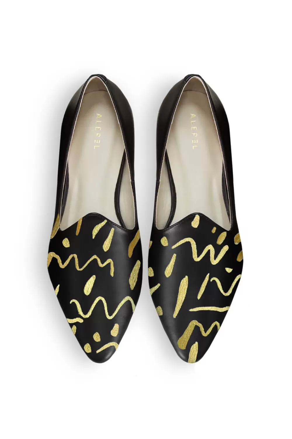 Woman Alepel Shoes | Gold Curvilinear Black Loafer