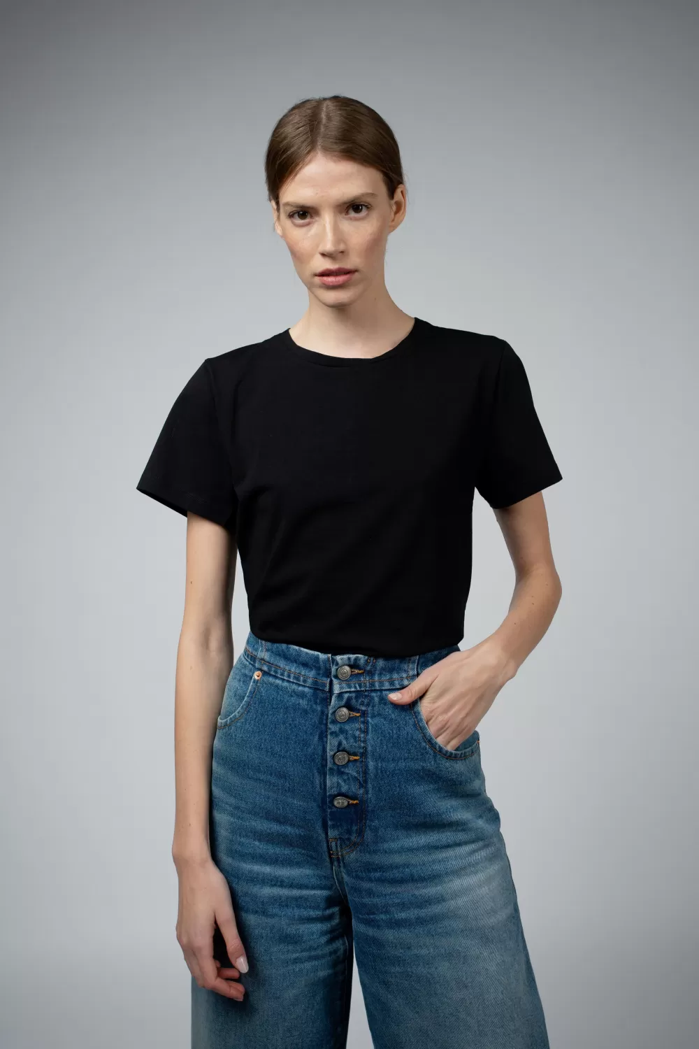 Woman Santicler Tops | Jen Organic Cotton Crew Neck Bodysuit In Black