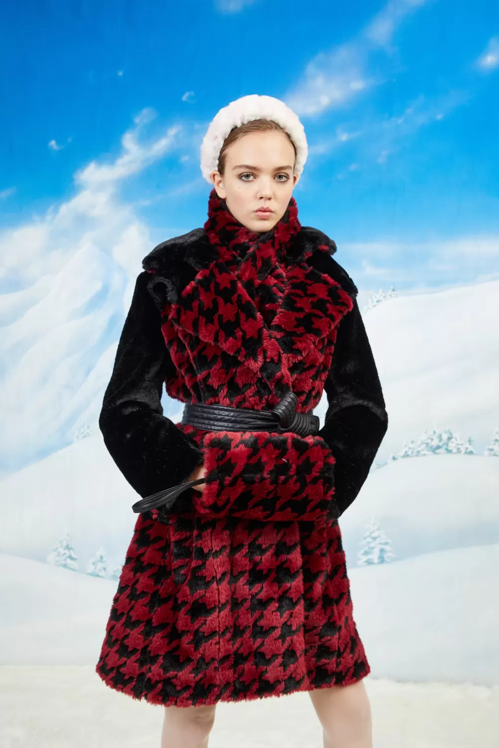 Woman Maison Atia Coats | Juliette Houndstooth Coat Faux Fur In Bordeaux