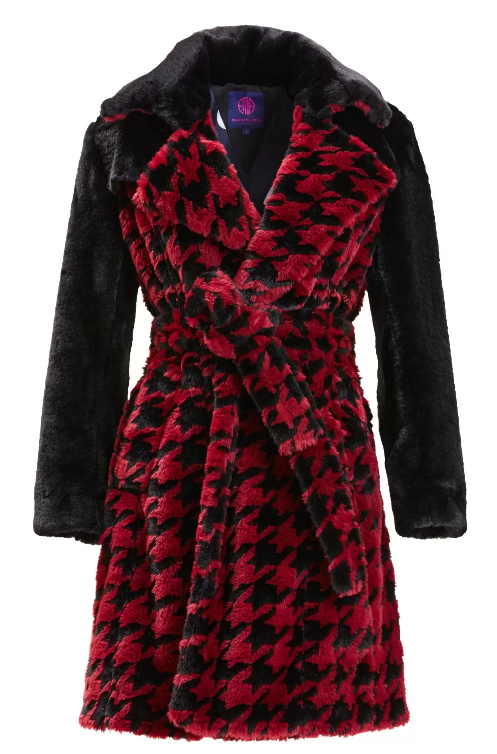 Woman Maison Atia Coats | Juliette Houndstooth Coat Faux Fur In Bordeaux