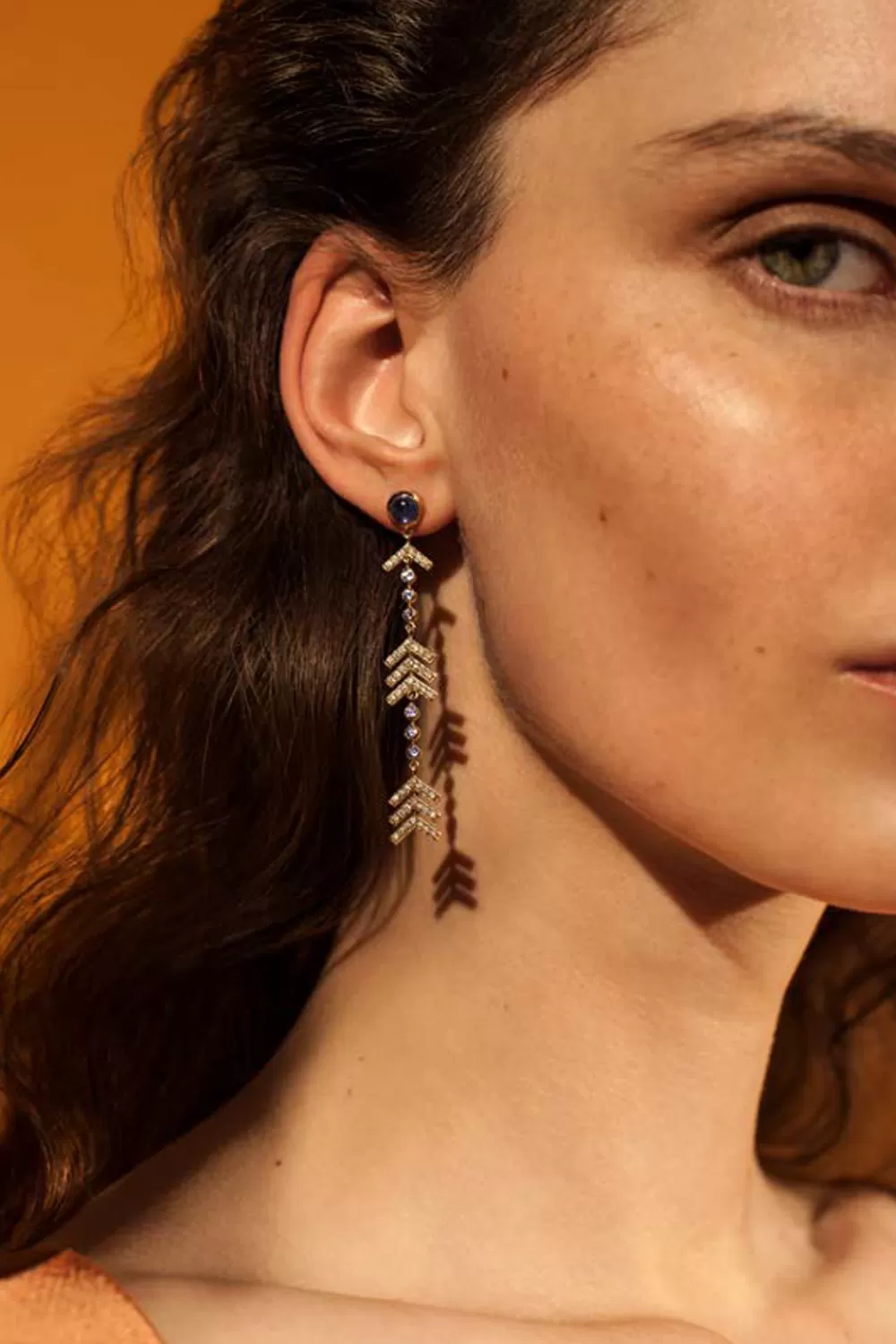 Woman Marlo Laz Fine Jewelry | Long Arrow Earrings In 14K Yellow Gold With Pave Diamonds, Lolites & Tanzanites