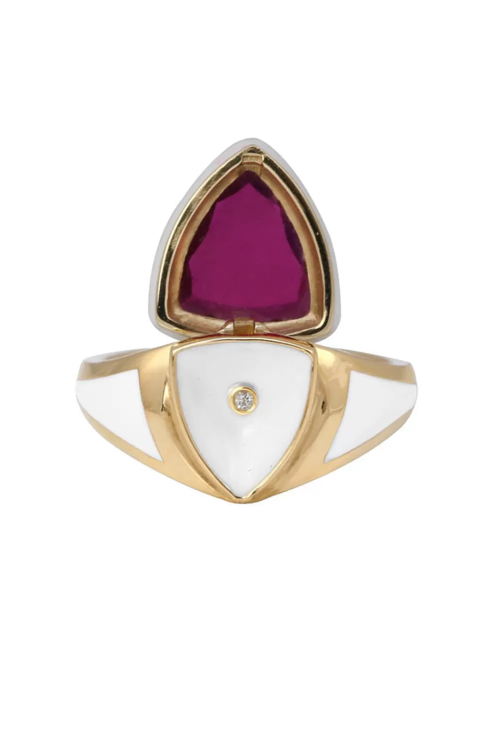 Woman Santo by Zani Fine Jewelry | White Enamel With Ruby And Diamond Shield Ring